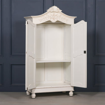 Wooden Carved French Chateau White Double Armoire